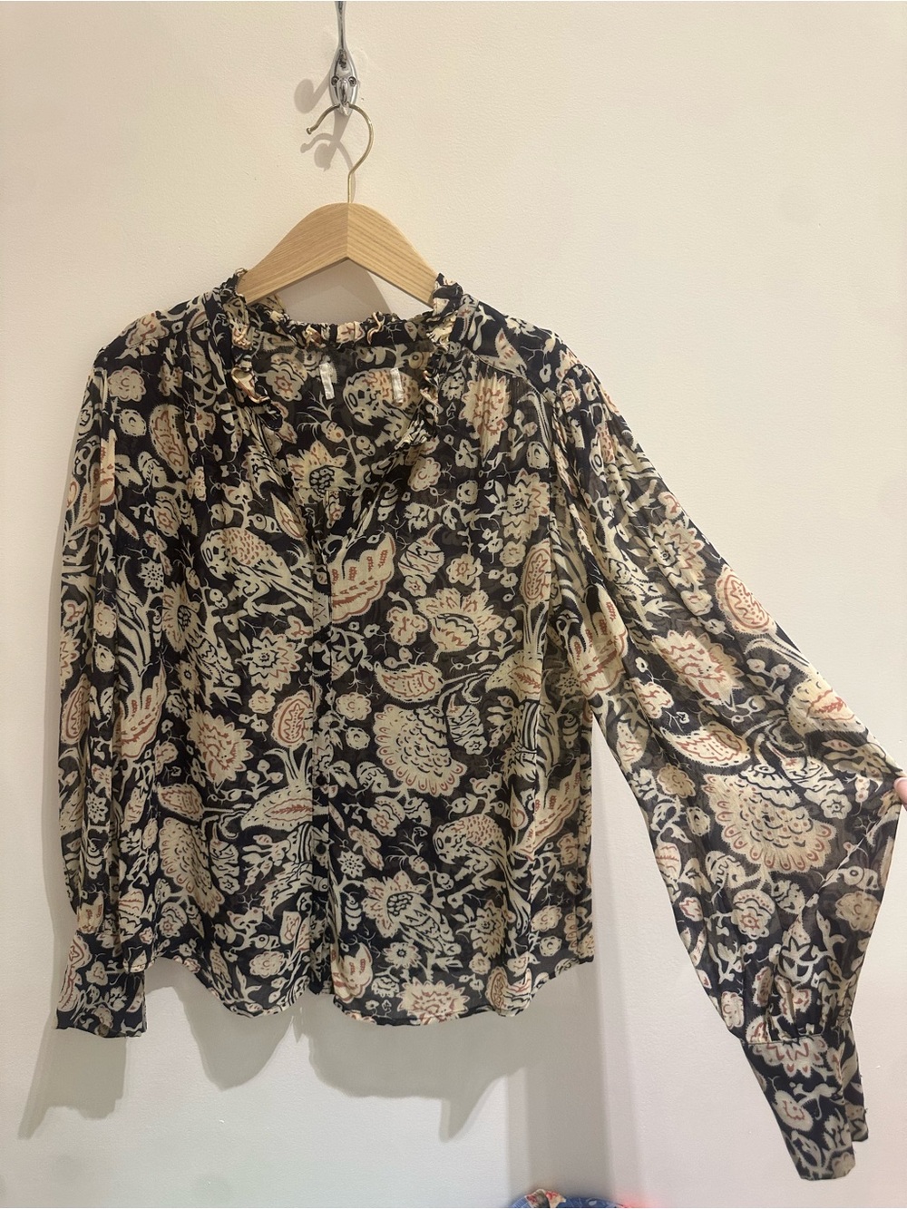 ba&sh Black/Navy Cream Floral Print Long-Sleeve Blouse